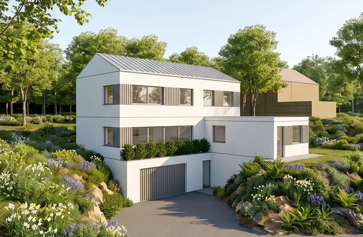 Modern white two-story house with gray roof and garage, surrounded by lush green trees and colorful flowers.