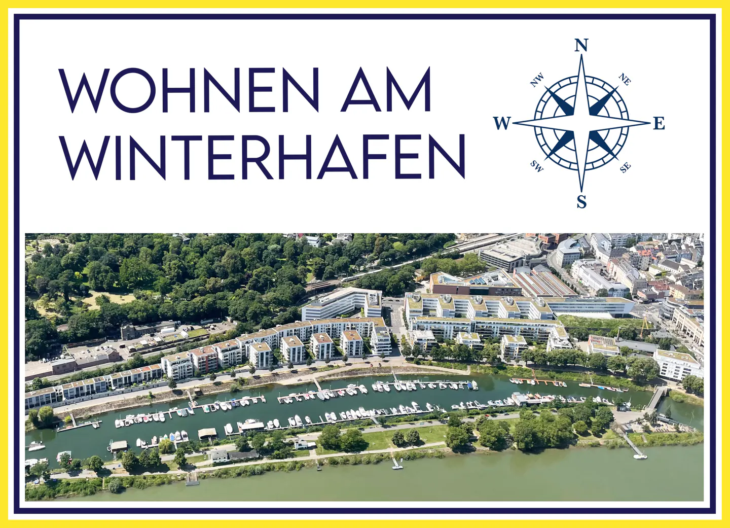 Aerial view of "Wohnen am Winterhafen" with a compass rose, showing apartments, a marina filled with boats, and green trees.