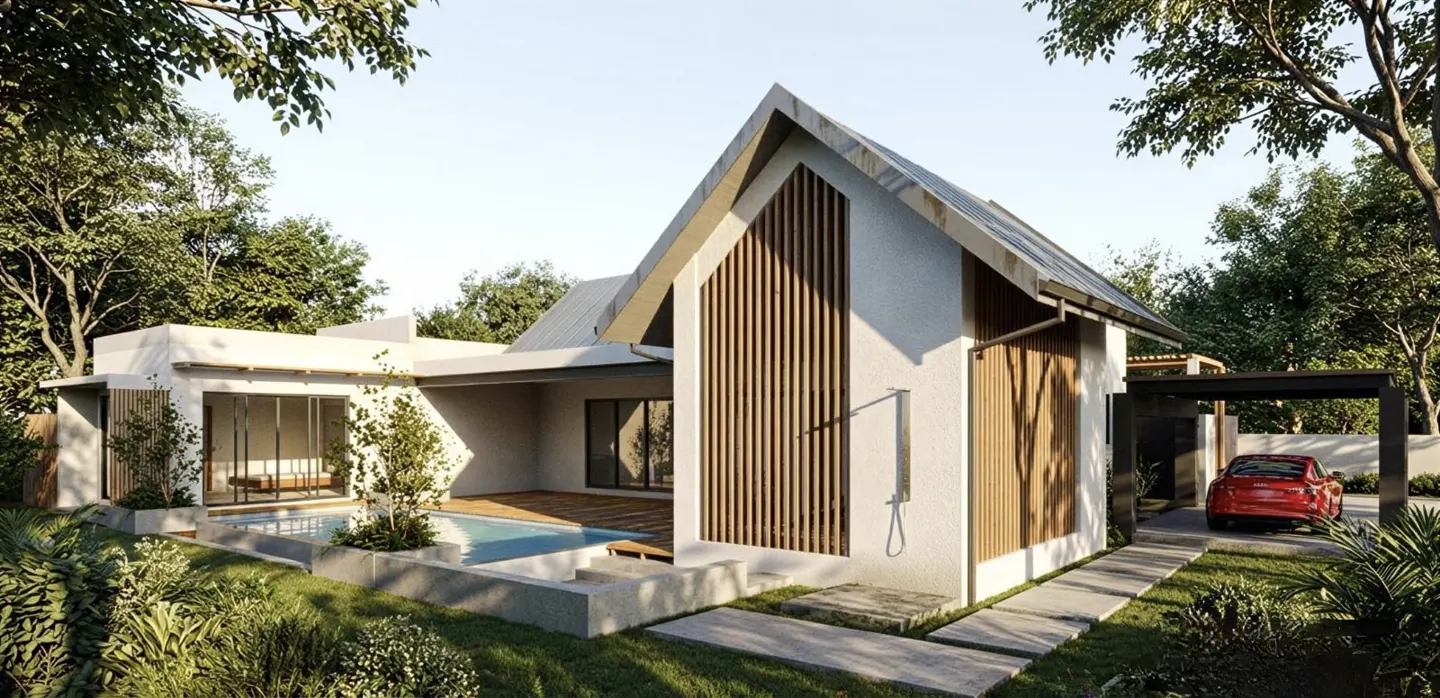Modern white house with a steep roof, wooden slats, a swimming pool, and a red car parked under a carport.