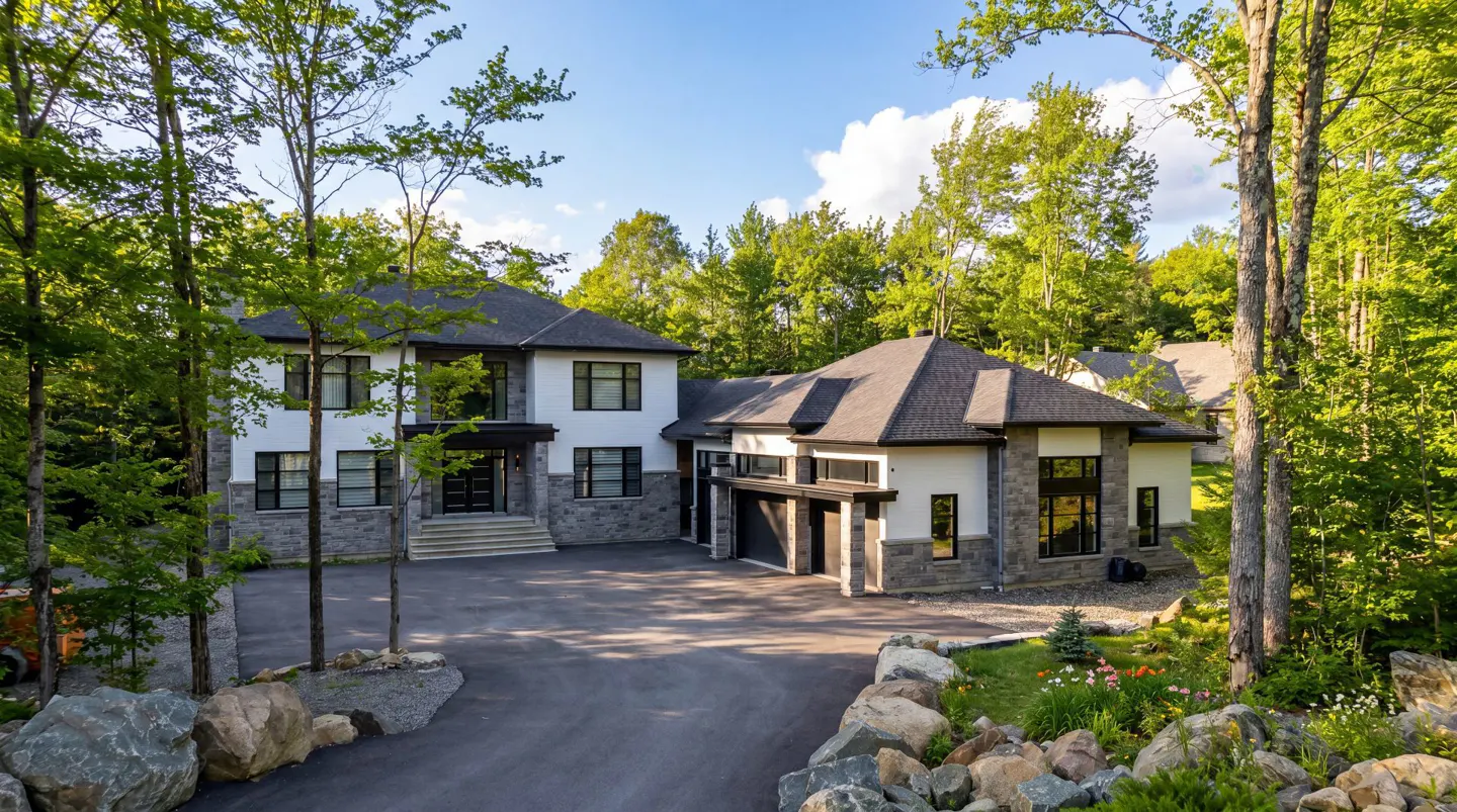 Exterior view of a modern two-story house with white stucco and gray stone accents, surrounded by trees and a paved driveway.