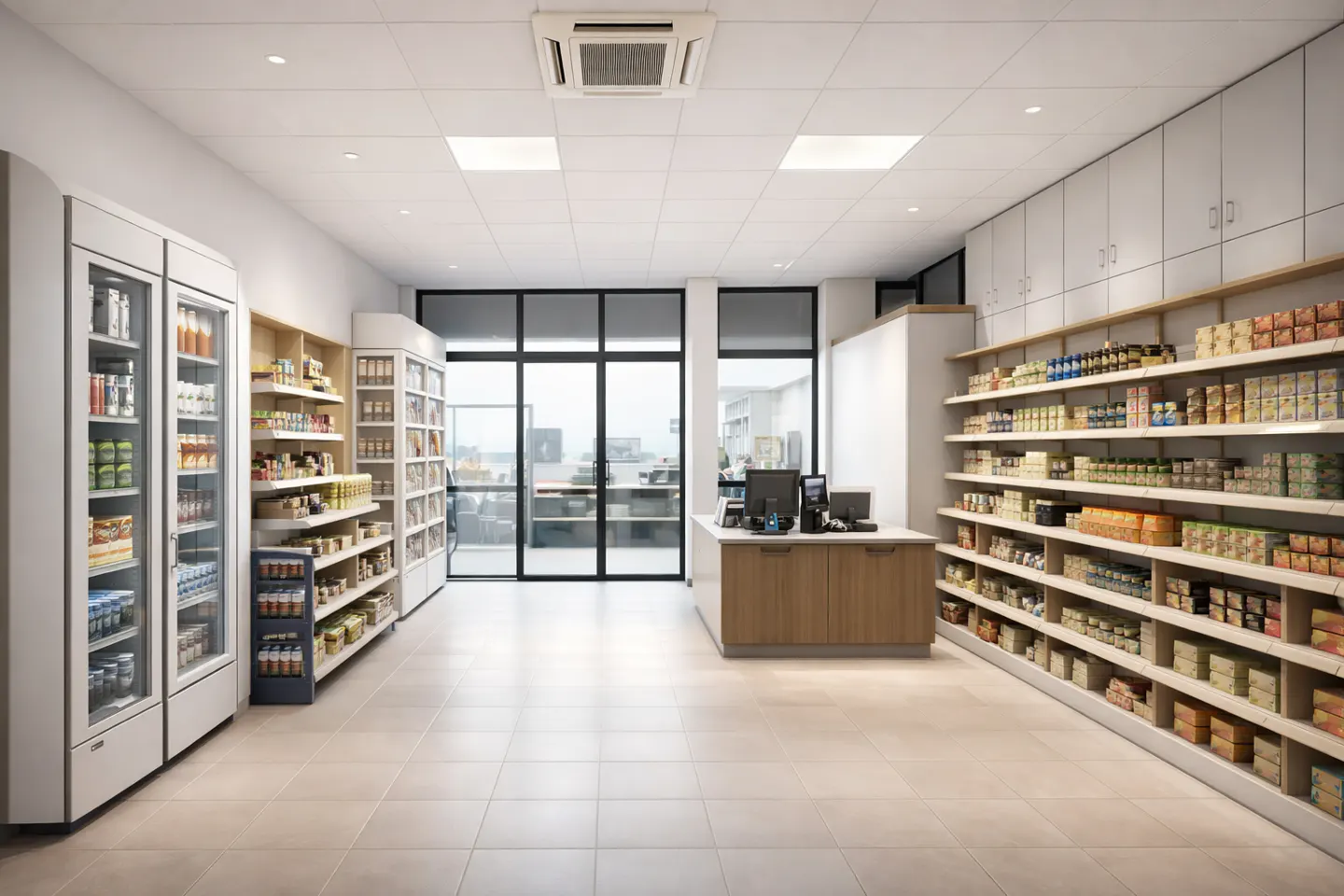 Interior view of a modern market with shelves stocked with goods, refrigerators, and a checkout counter.