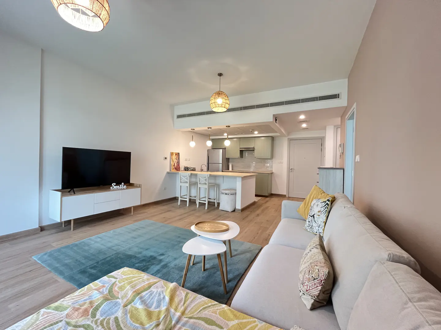 Open-concept living space with a kitchen, TV, and sofa. The kitchen has a breakfast bar with three stools. A blue rug sits in front of the sofa.