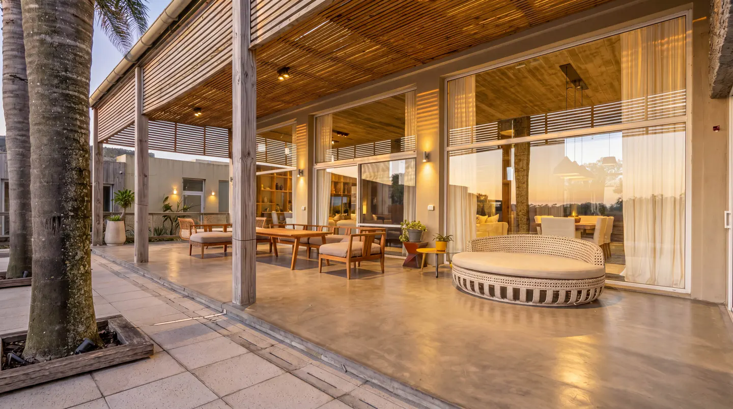 Outdoor patio with wooden furniture, a round daybed, and large glass windows reflecting the sunset. Palm trees stand near the patio.
