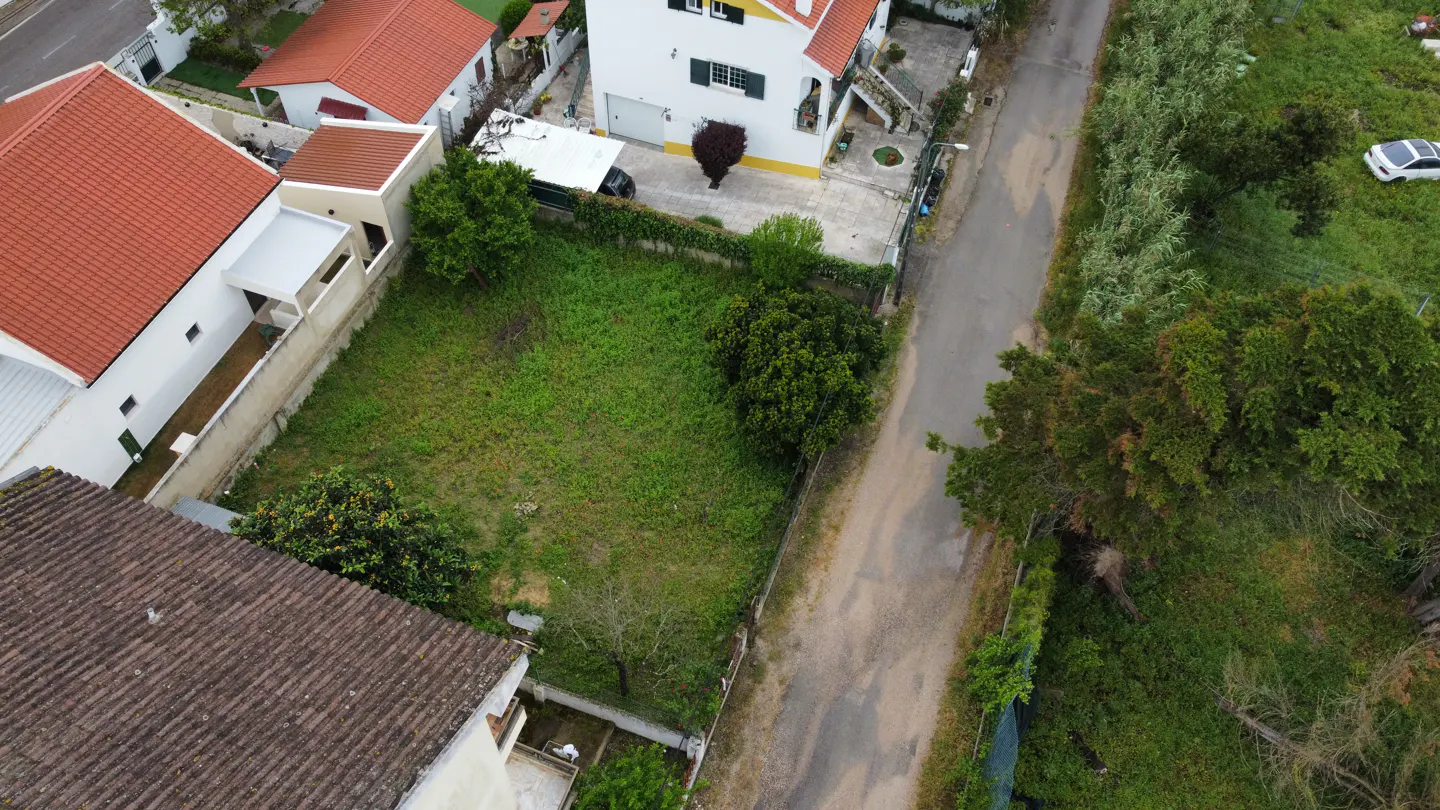 Aerial view of a grassy lot bordered by houses with red roofs and a narrow road. Trees and shrubs surround the property.