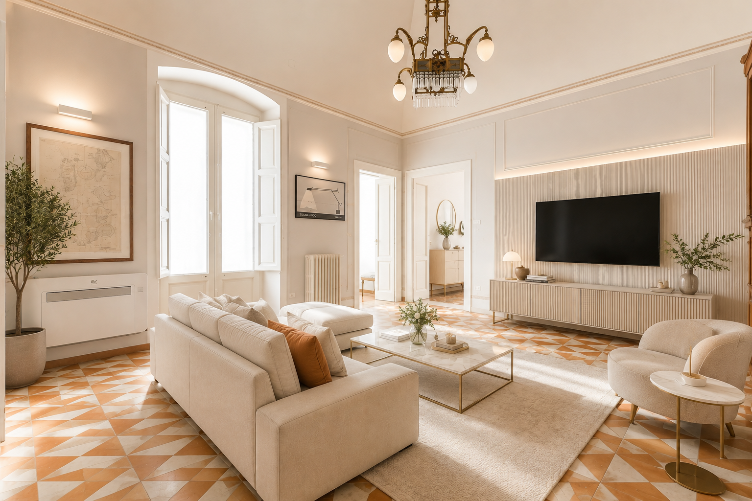 Bright, elegant living room with cream sofa, patterned tile floors, wall-mounted TV, and a classic chandelier.