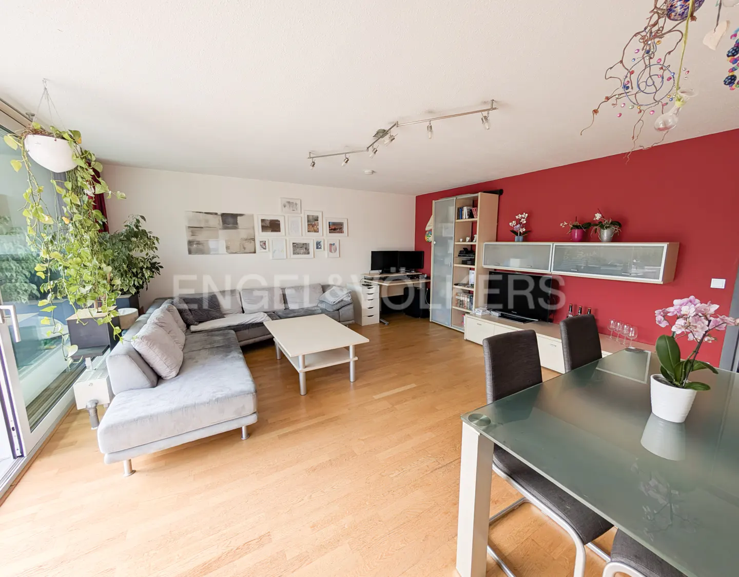 Bright living room with hardwood floors, a gray sectional sofa, a white coffee table, and a glass dining table with gray chairs. A red accent wall adds color.
