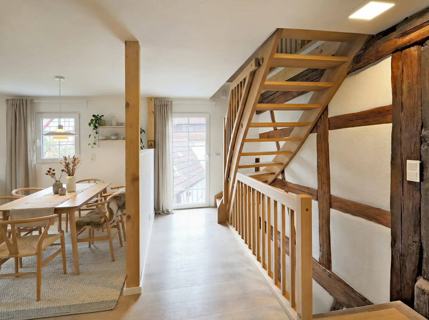 Interior view of a home featuring a wooden staircase with railing, exposed beams, and a dining area with a table and chairs.