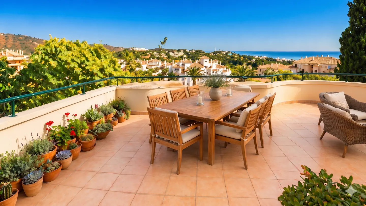 Outdoor patio with a wooden table and chairs, potted plants, and a view of the city and ocean.