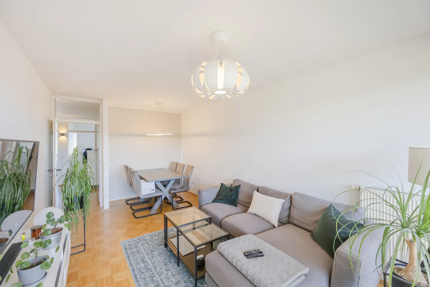 Bright living room with gray sectional sofa, glass coffee table, dining table, and plants. White walls and light wood floors.