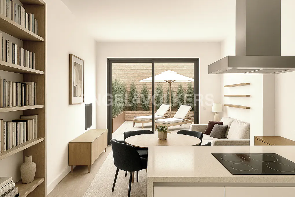 Bright, modern apartment interior with a bookshelf, dining table, and patio with lounge chairs.