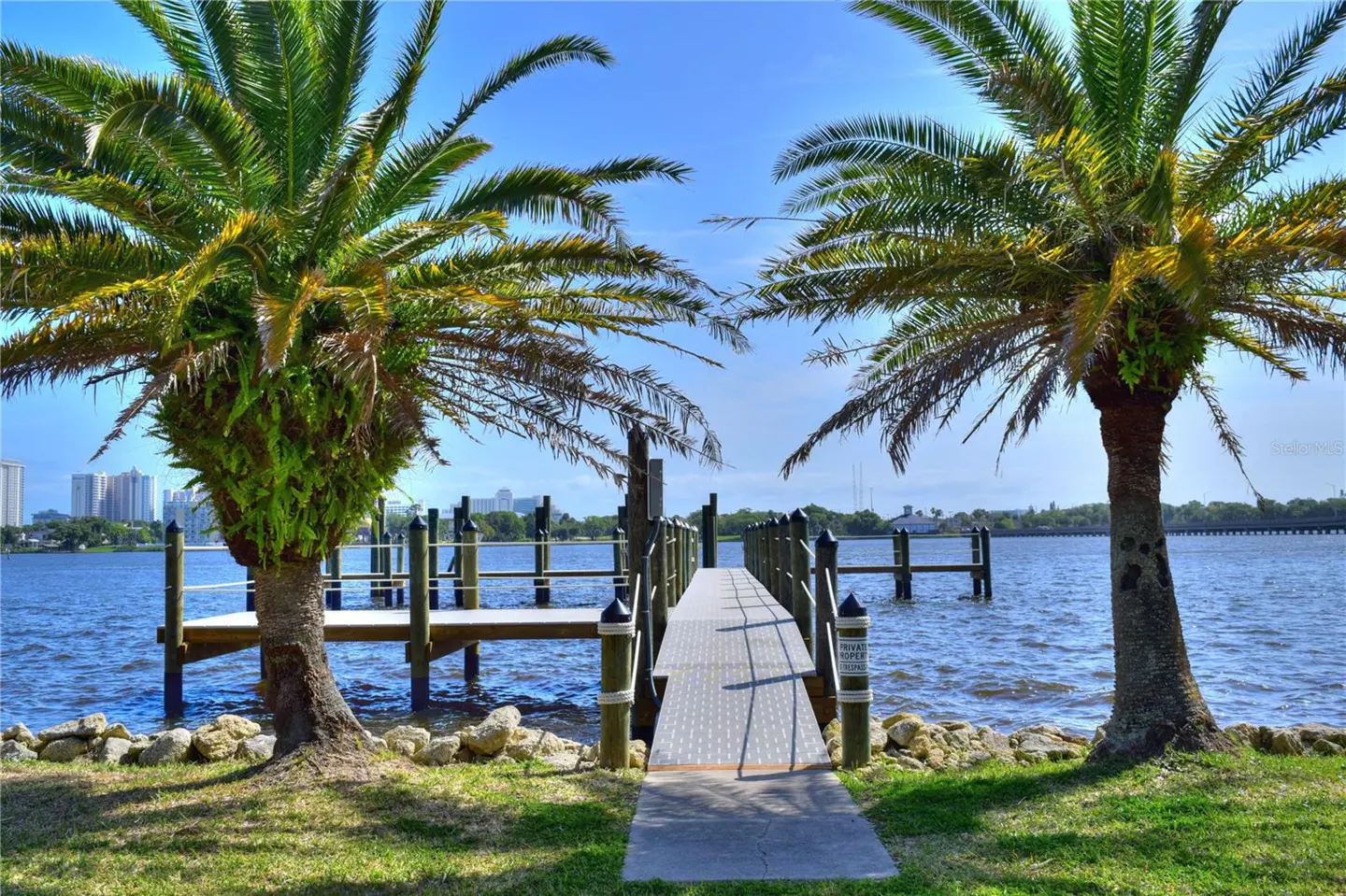 Waterfront property view with a wooden dock between two palm trees, leading to a blue body of water under a clear sky.