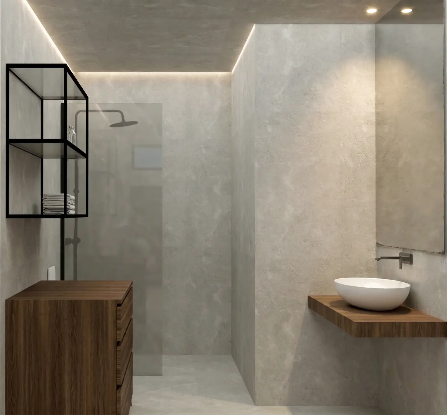 Modern bathroom with gray walls, wood vanity, white sink, and black shelving unit. Shower with glass door is visible.