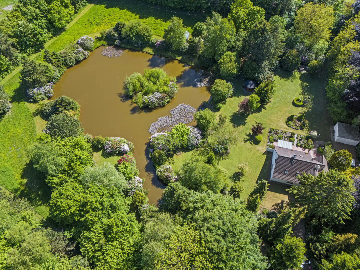 Aerial view of a house with a brown roof, surrounded by green trees and a pond with lily pads.