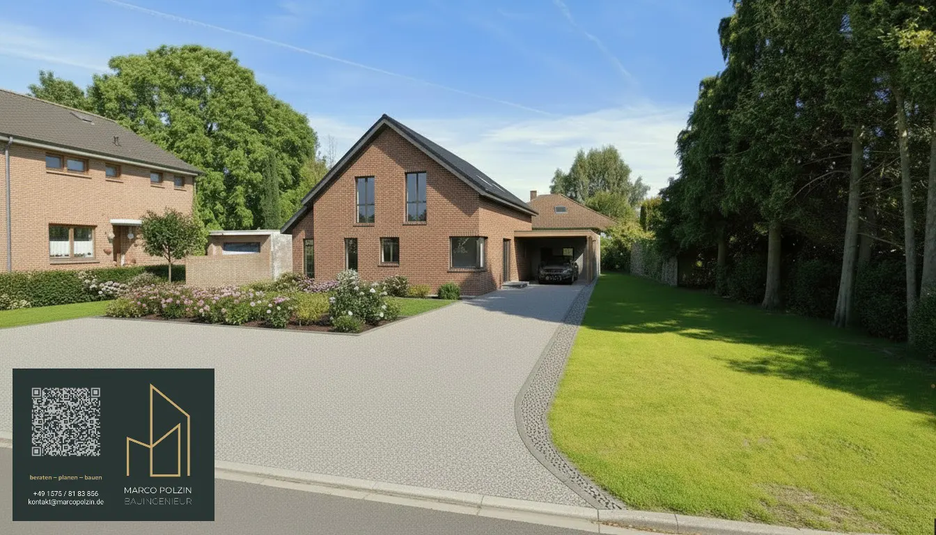 A two-story brick house with a black roof and a gray driveway, surrounded by green grass and trees.