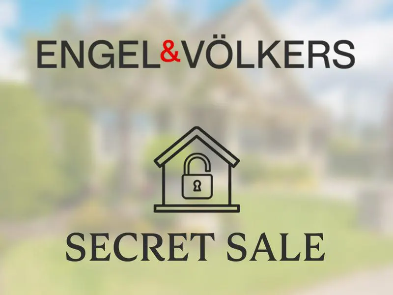 Engel & Völkers "Secret Sale" ad. A house outline with a padlock inside is centered over the words "Secret Sale". A blurred house is in the background.
