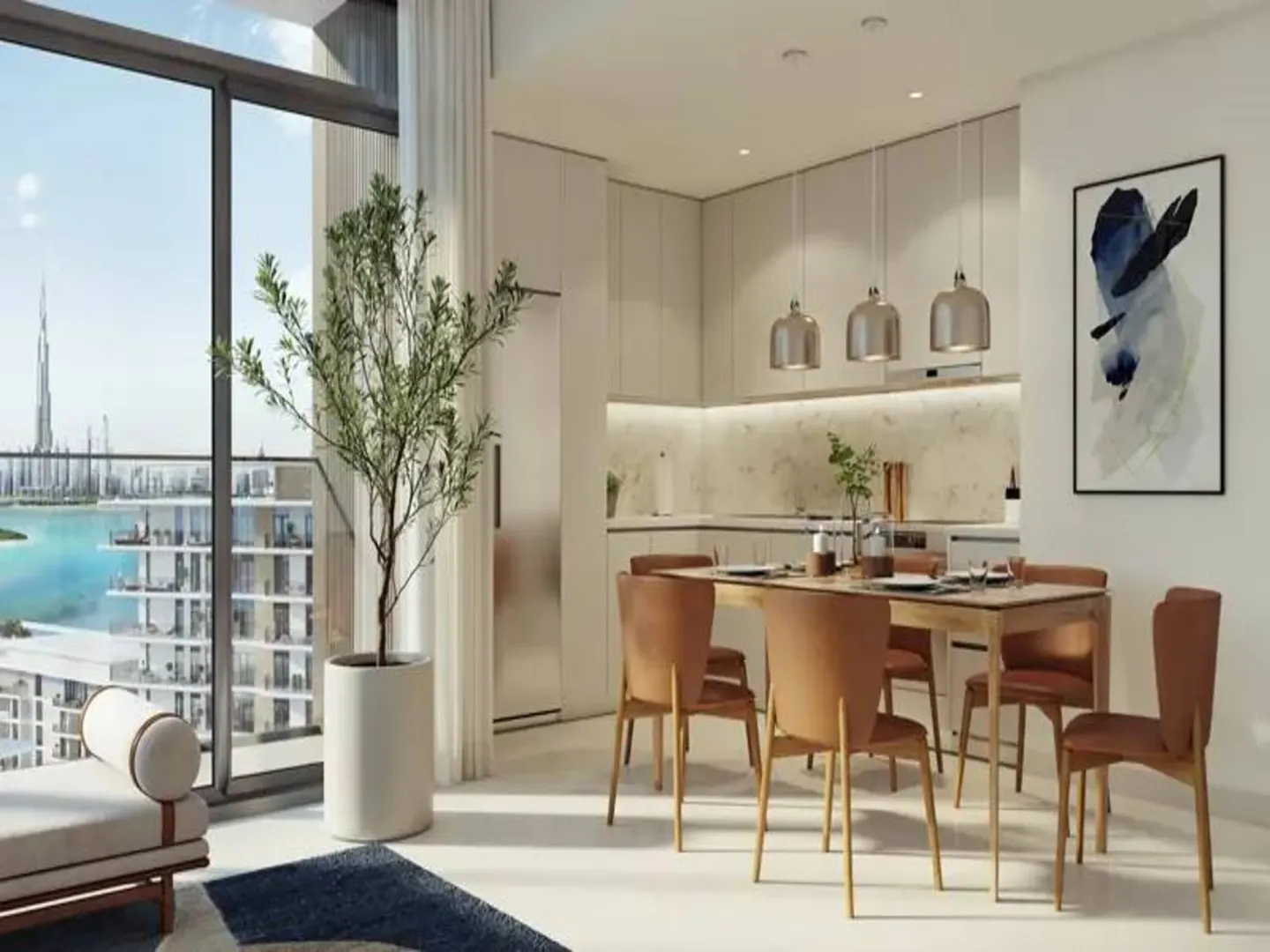 Bright apartment interior with a dining table, chairs, and a view of the Dubai skyline through a large window.