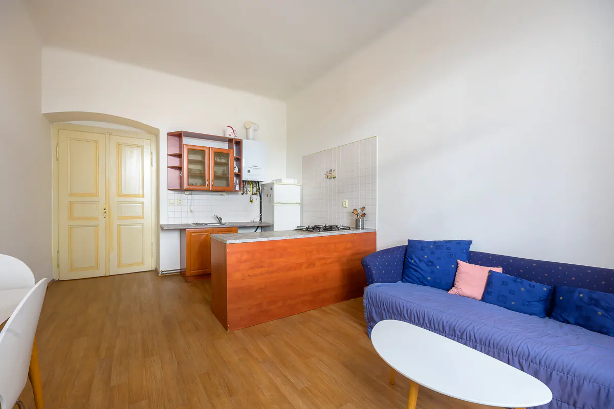 Open-concept apartment with wood floors, a blue sofa with pillows, and a kitchen with wood cabinets and a breakfast bar.
