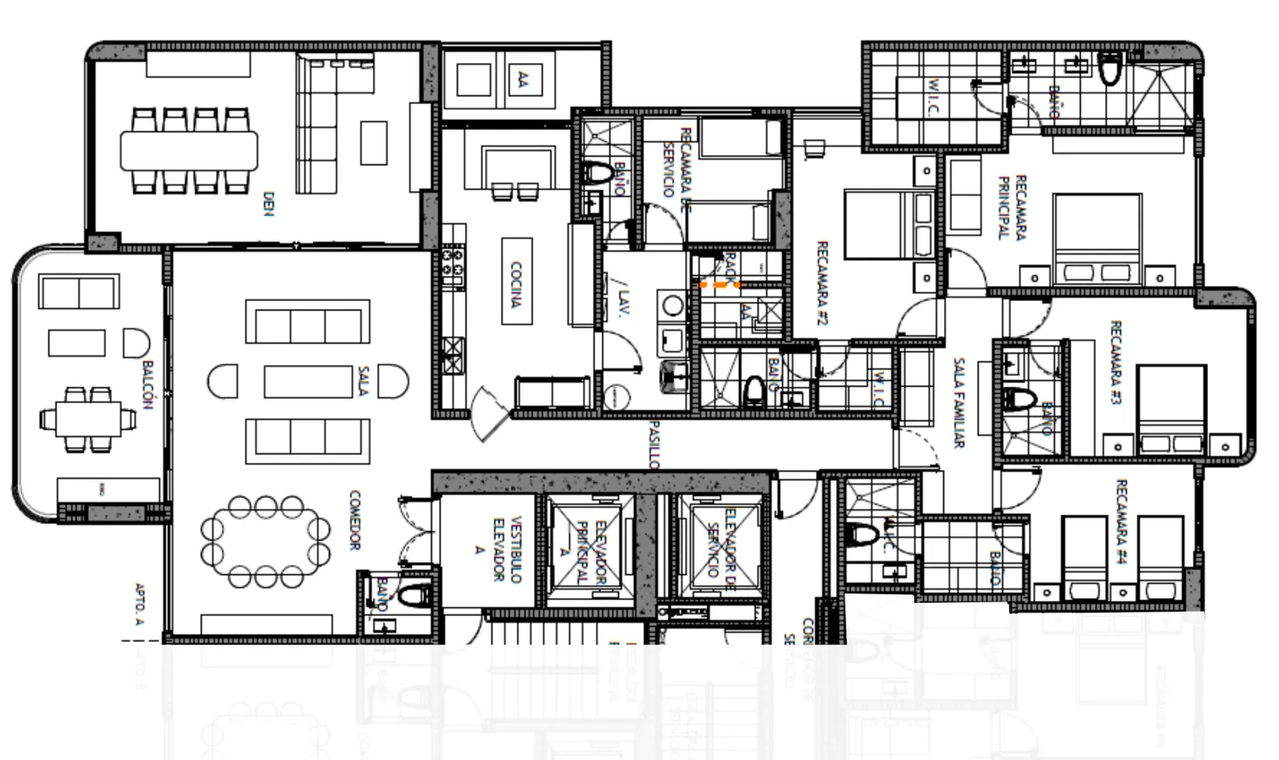 Floor plan of a multi-bedroom apartment with living room, dining room, kitchen, balcony, and multiple bathrooms.