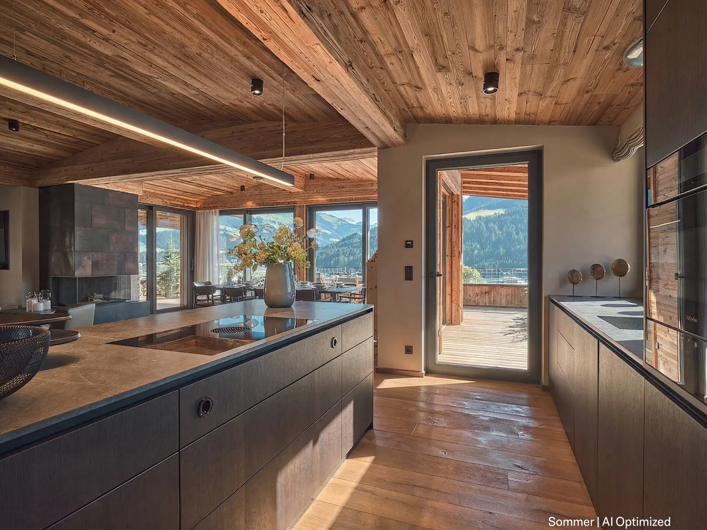 A modern kitchen with wood floors and ceiling, dark cabinets, and a view of mountains through a glass door.