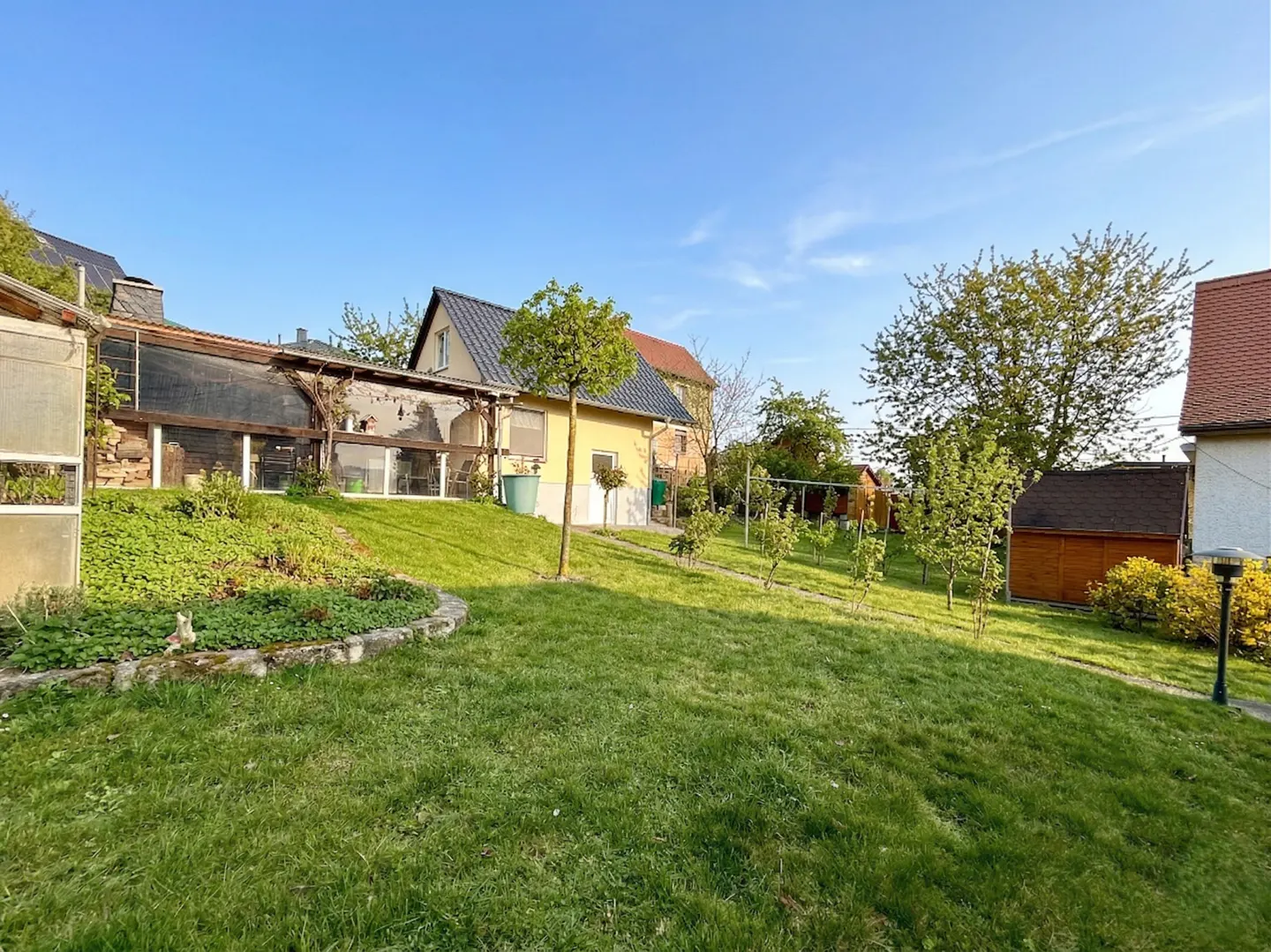 A sunny backyard with a green lawn, small trees, and a yellow house in the background.