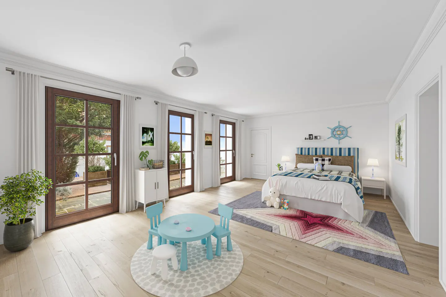 Bright bedroom with wood floors, white walls, and a blue kids' table set. French doors lead to a patio. A bed with a nautical theme sits on a star rug.