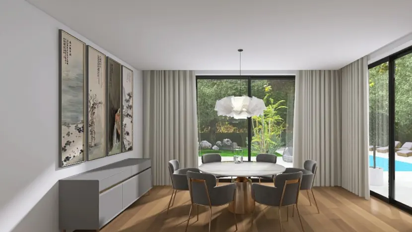 Modern dining room with a round marble table, six grey chairs, a unique pendant light, and Asian-style wall art.