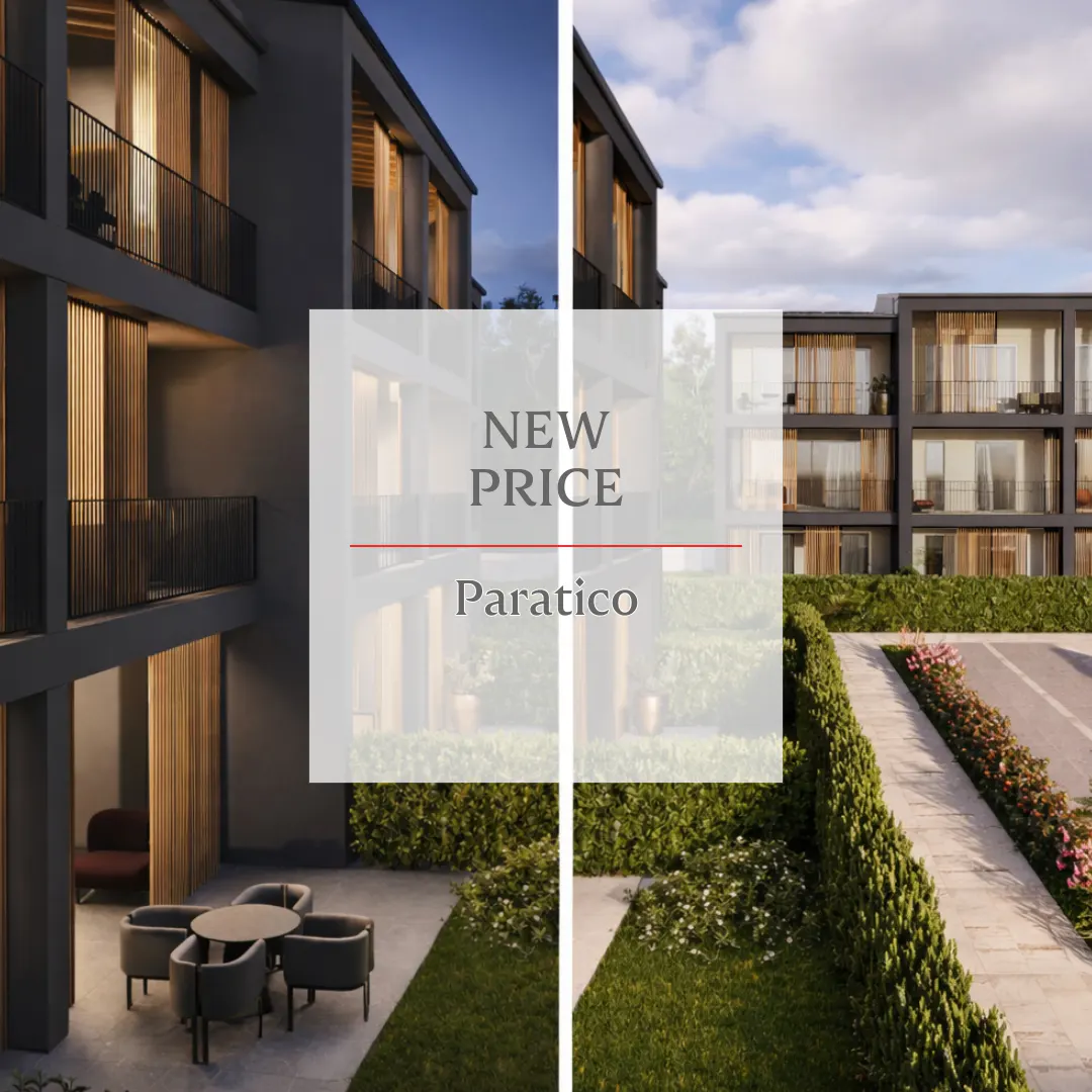 Two-panel image of modern apartments with balconies, one at dusk, one in daylight. Text overlay: "NEW PRICE Paratico."