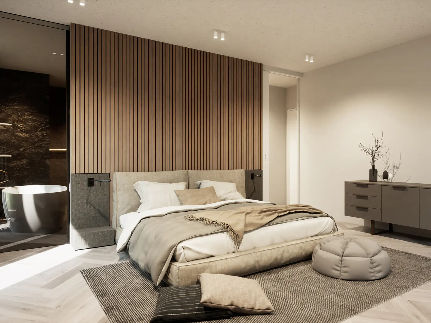 A modern bedroom with a large bed, wood-paneled wall, and a glimpse of a bathroom with a freestanding tub.