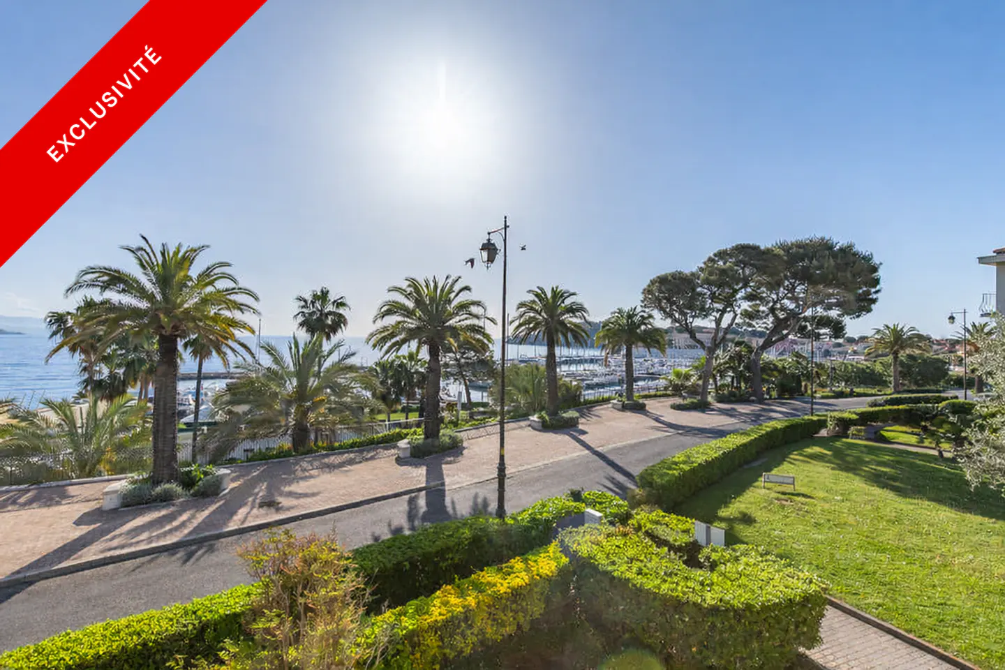 View of a coastal property with palm trees, green lawns, and a marina in the background under a bright blue sky. A red banner reads "Exclusivité."