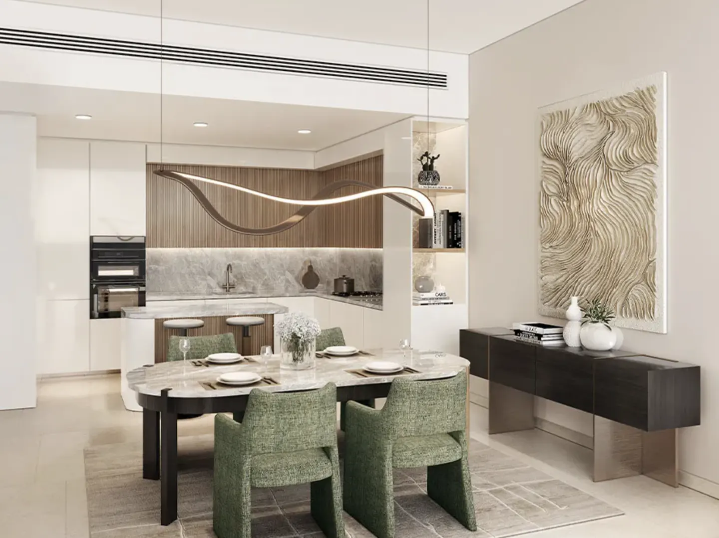 Modern dining room with an oval marble table, green upholstered chairs, and a unique wave-shaped pendant light.