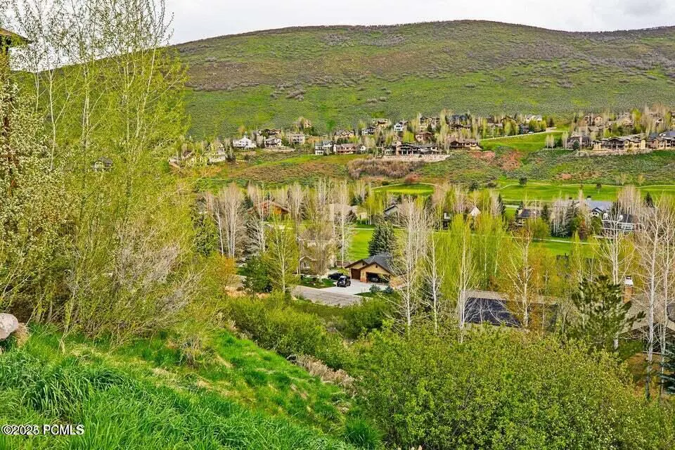 Scenic view of homes nestled in a green valley, with a lush hillside backdrop. Trees frame the landscape.