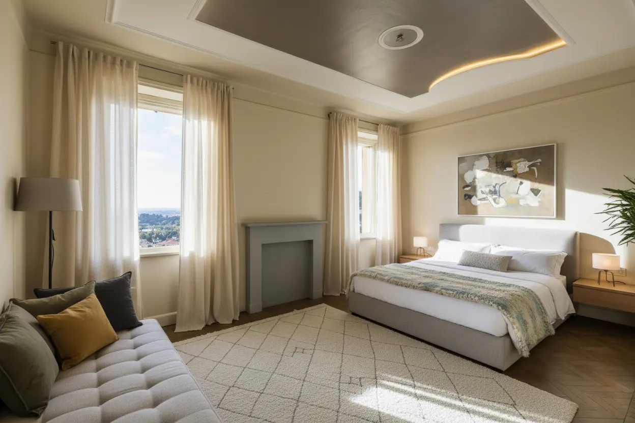 Bright bedroom with a king bed, white rug, and daybed. Large windows with sheer curtains let in natural light. Modern art hangs above the bed.