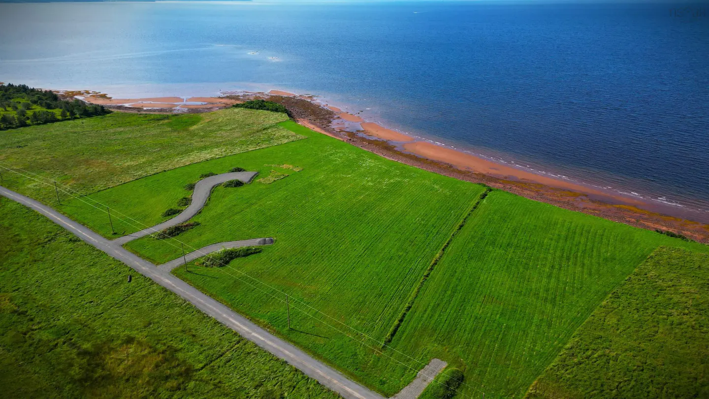 Aerial view of green fields meeting a red sand beach and blue ocean. A road cuts through the fields with driveways leading to potential homesites.