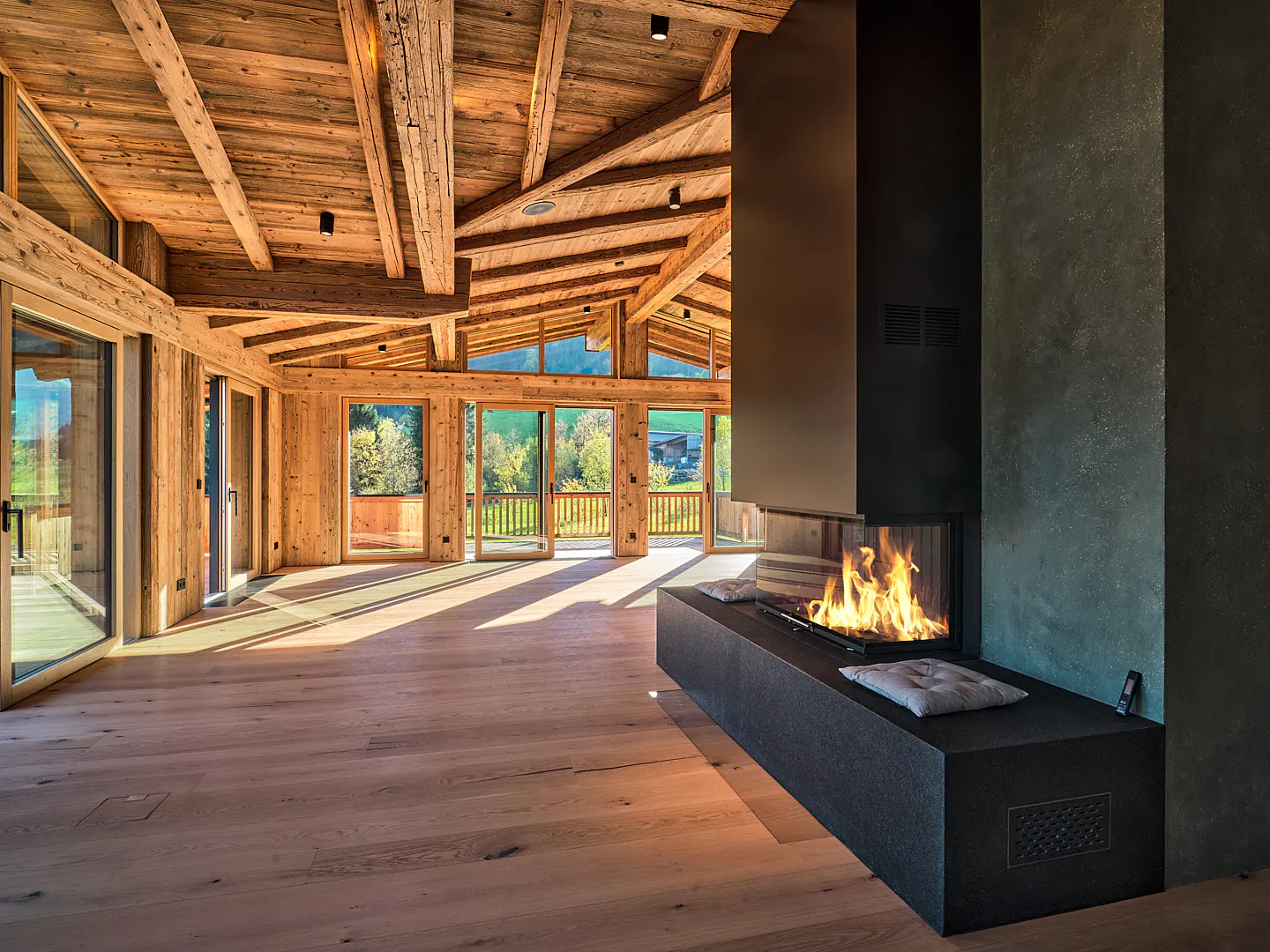 A modern living room with a wood ceiling, a black fireplace, and a view of the outdoors.