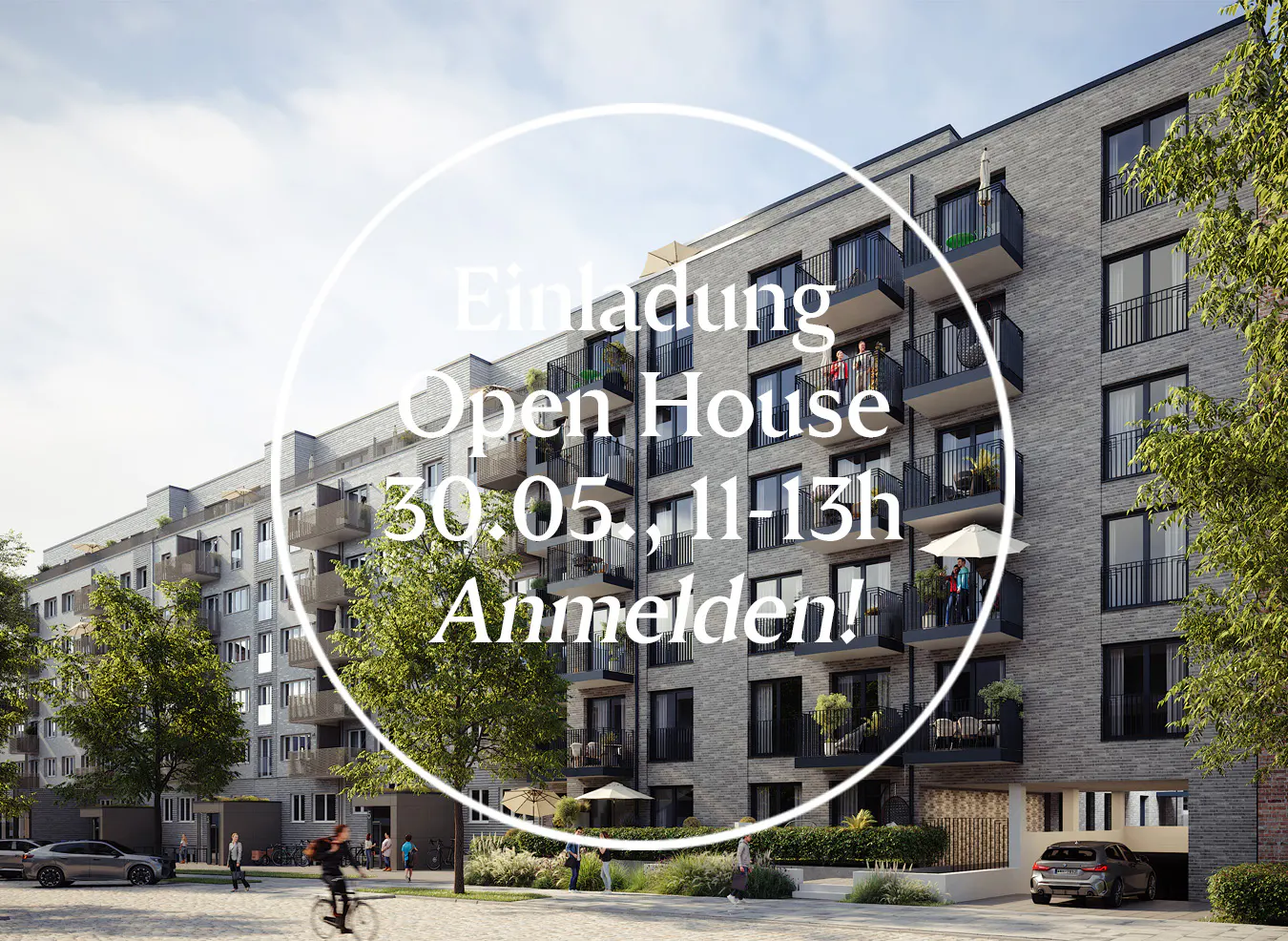 Modern apartment building with balconies, trees, and people. Text overlay advertises an open house on May 30th, 11-13h.