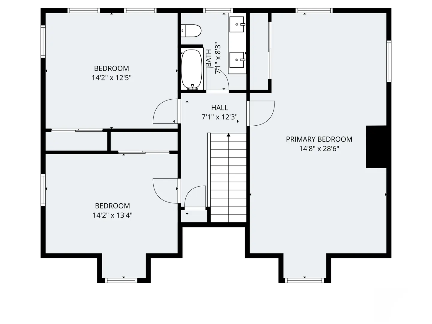 Floor plan of the second story of a house with three bedrooms, a bathroom, and a hall with stairs.