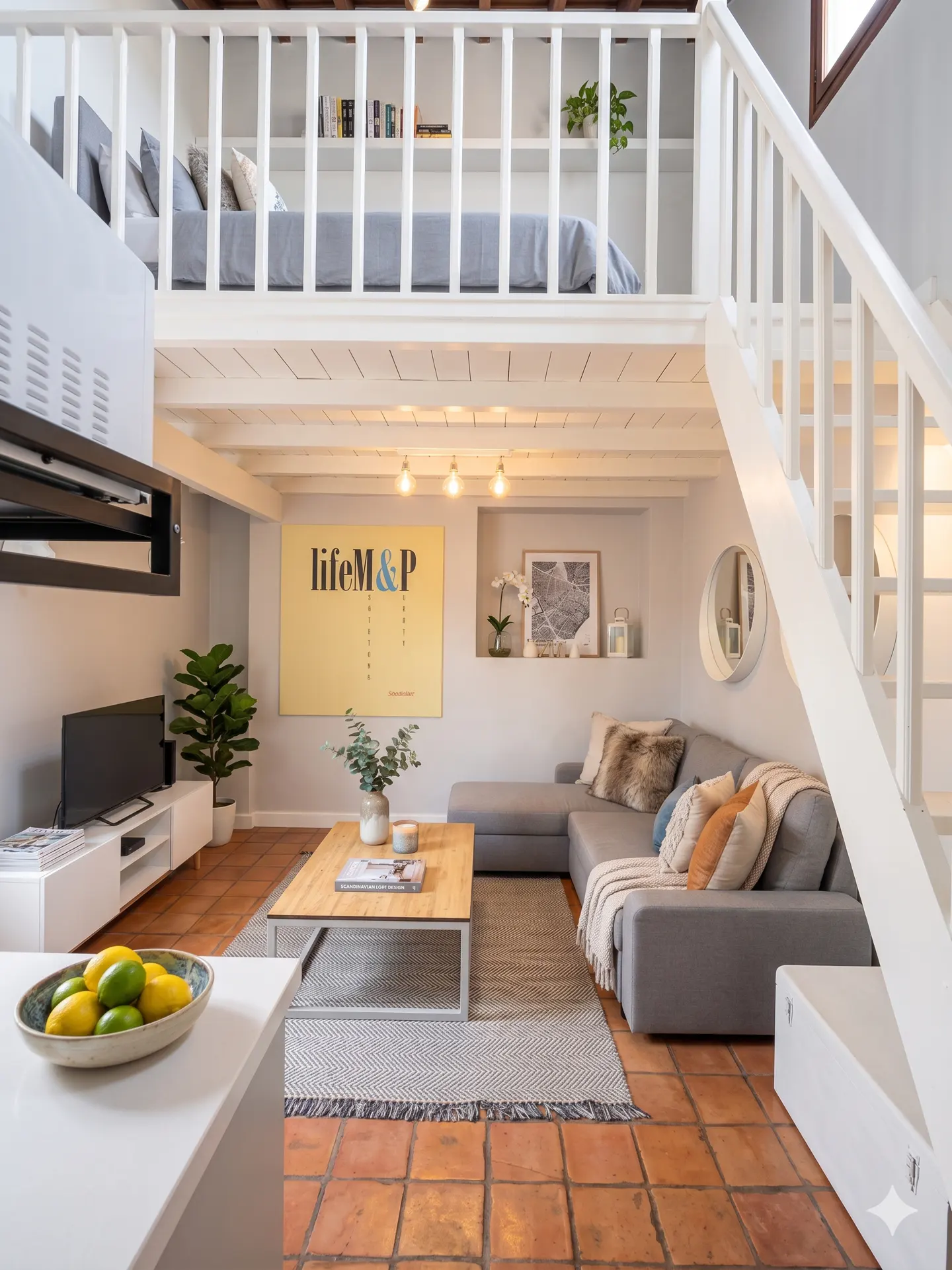Cozy living room with terracotta tile floor, gray sectional sofa, and lofted bed above. White stairs lead to the loft.