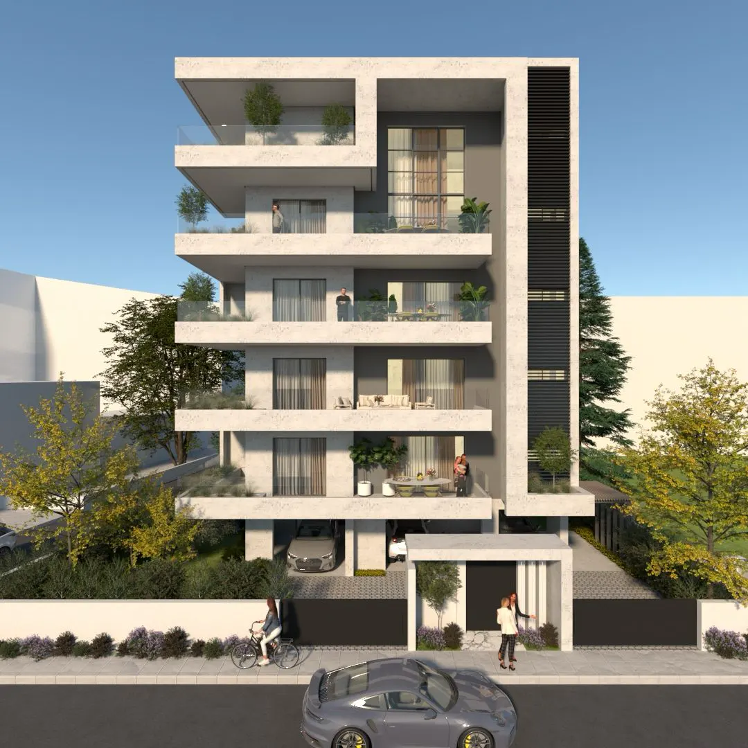 Modern five-story apartment building with balconies, glass railings, and a ground-level parking area with a grey car.