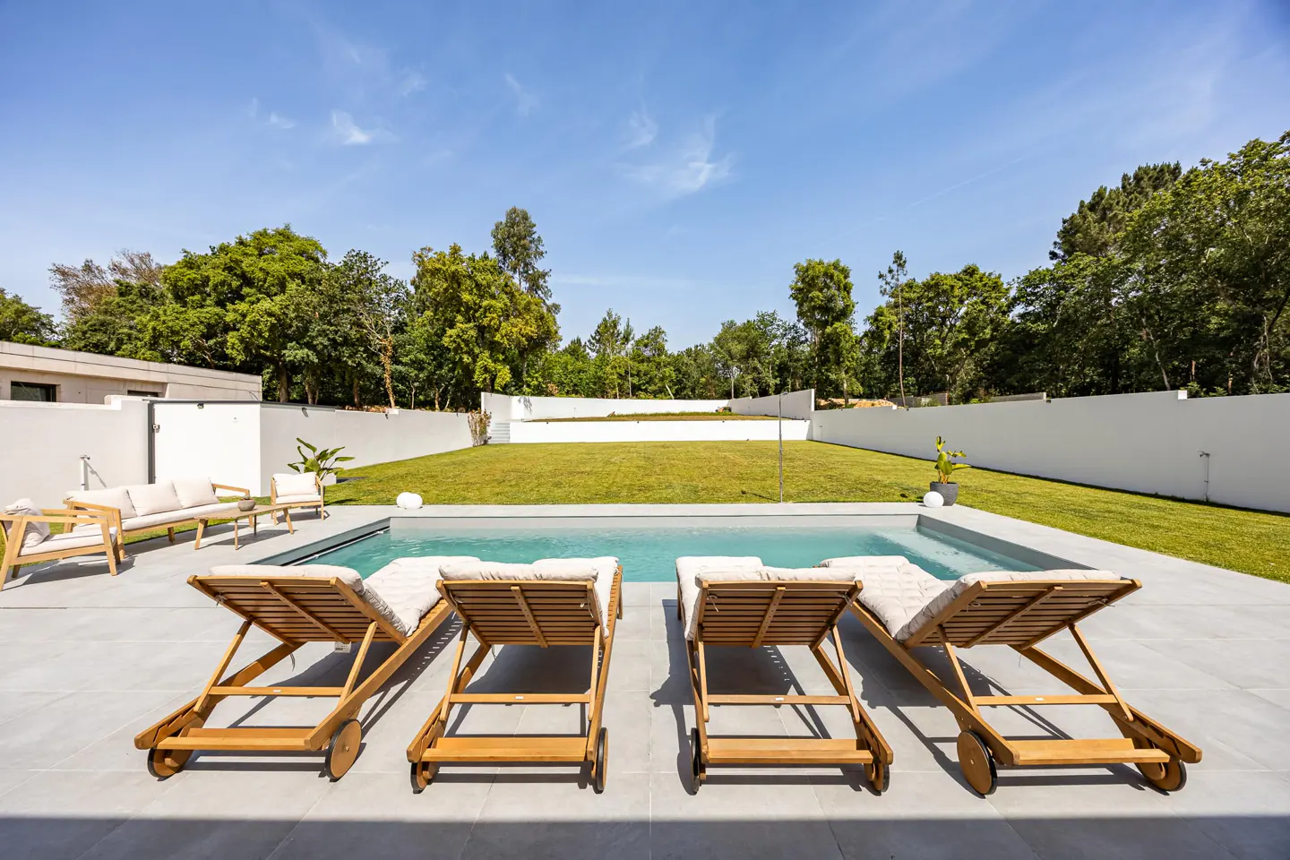 A backyard with a pool, four wooden lounge chairs, a white wall, and green trees under a blue sky.