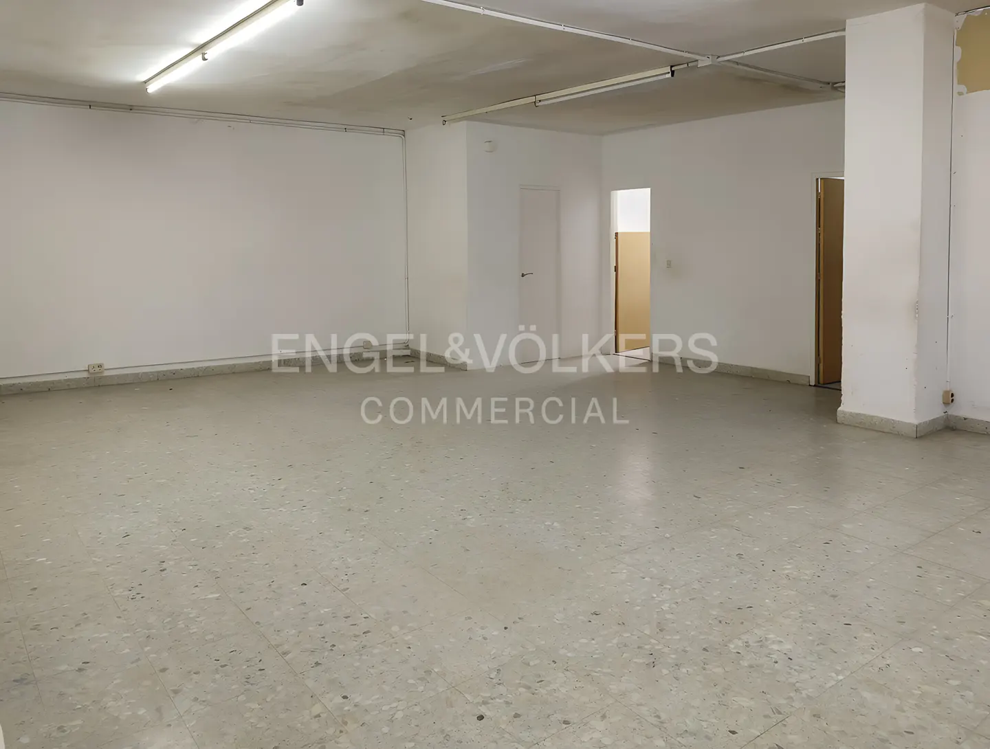 Empty commercial space with white walls, a speckled floor, and fluorescent lighting. Doors are visible in the background.