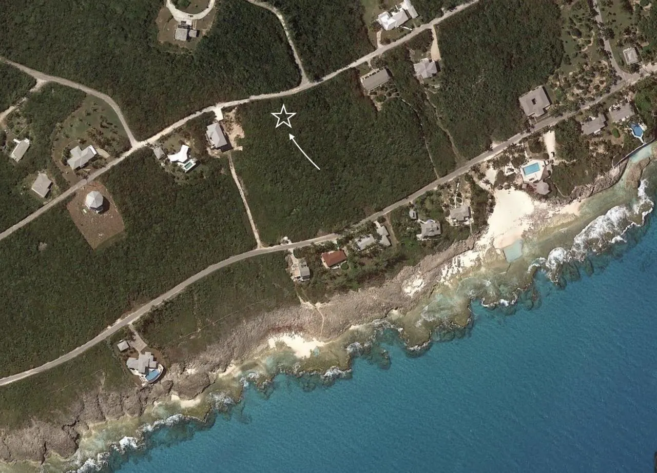 Aerial view of a wooded lot near the ocean, marked with a white star and arrow. Houses and roads surround the property. The ocean is turquoise.