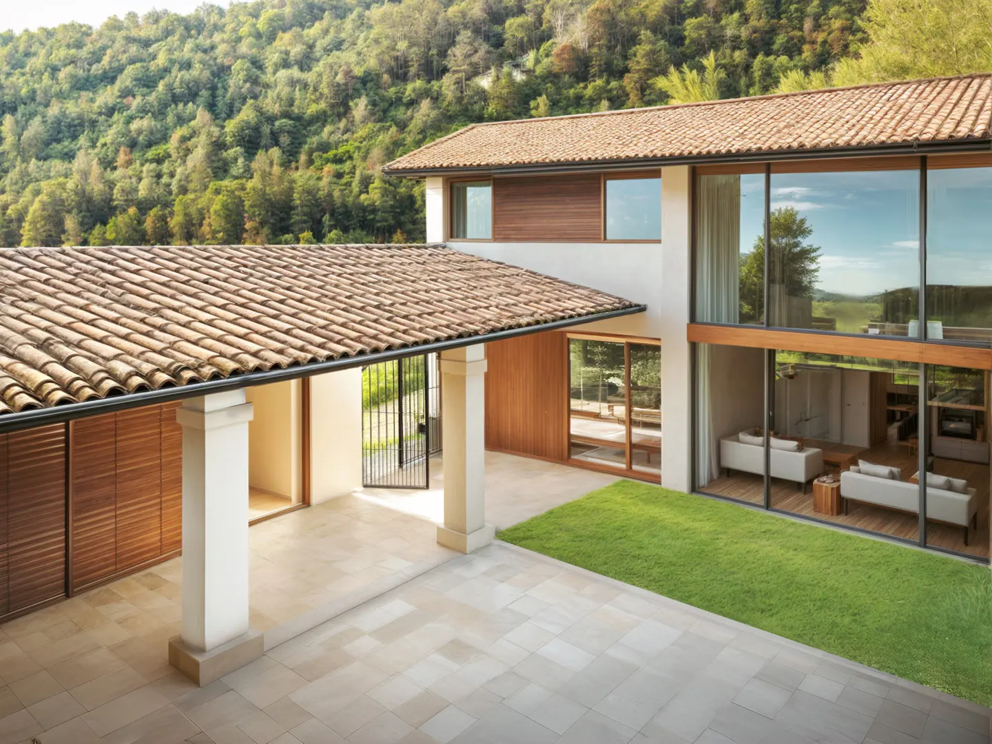 Modern home with terracotta roof, stone patio, and floor-to-ceiling windows overlooking a lush green forest.