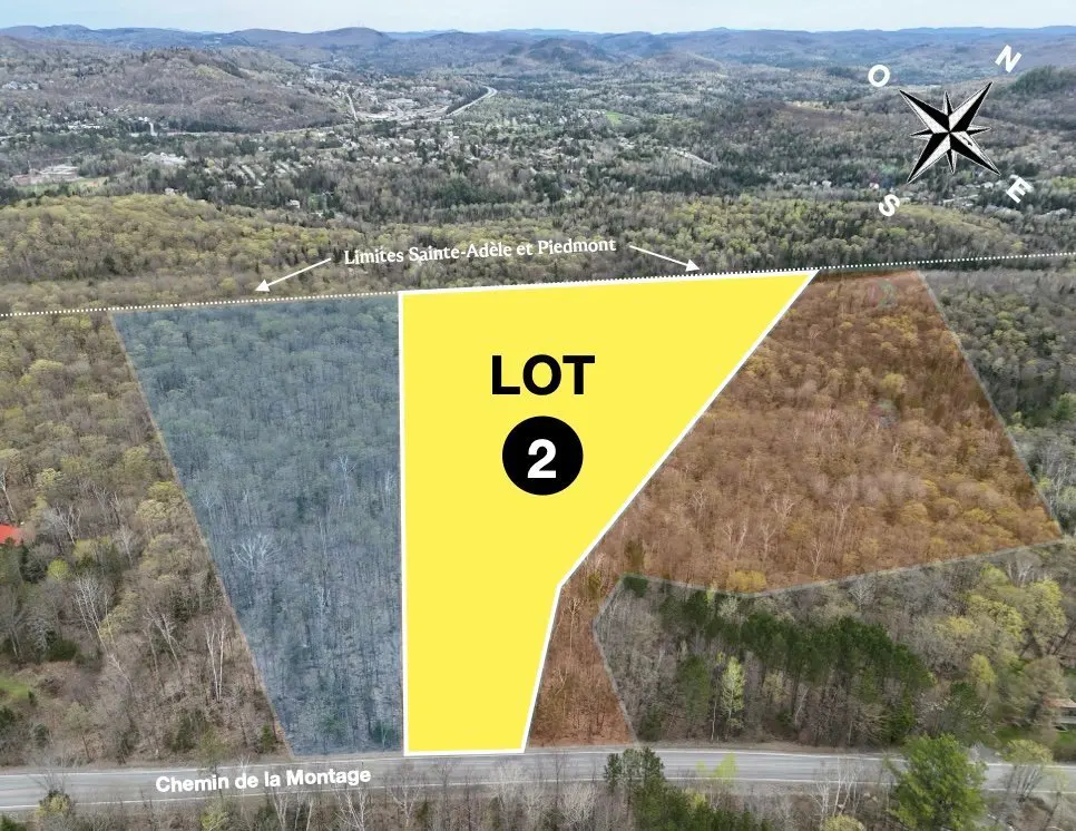 Aerial view of Lot 2, a yellow-highlighted land parcel, bordered by trees and a road, with mountains in the background.