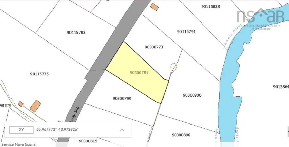 Map view of a yellow property, ID 90300781, bordered by a gray road and adjacent to the Annius River.