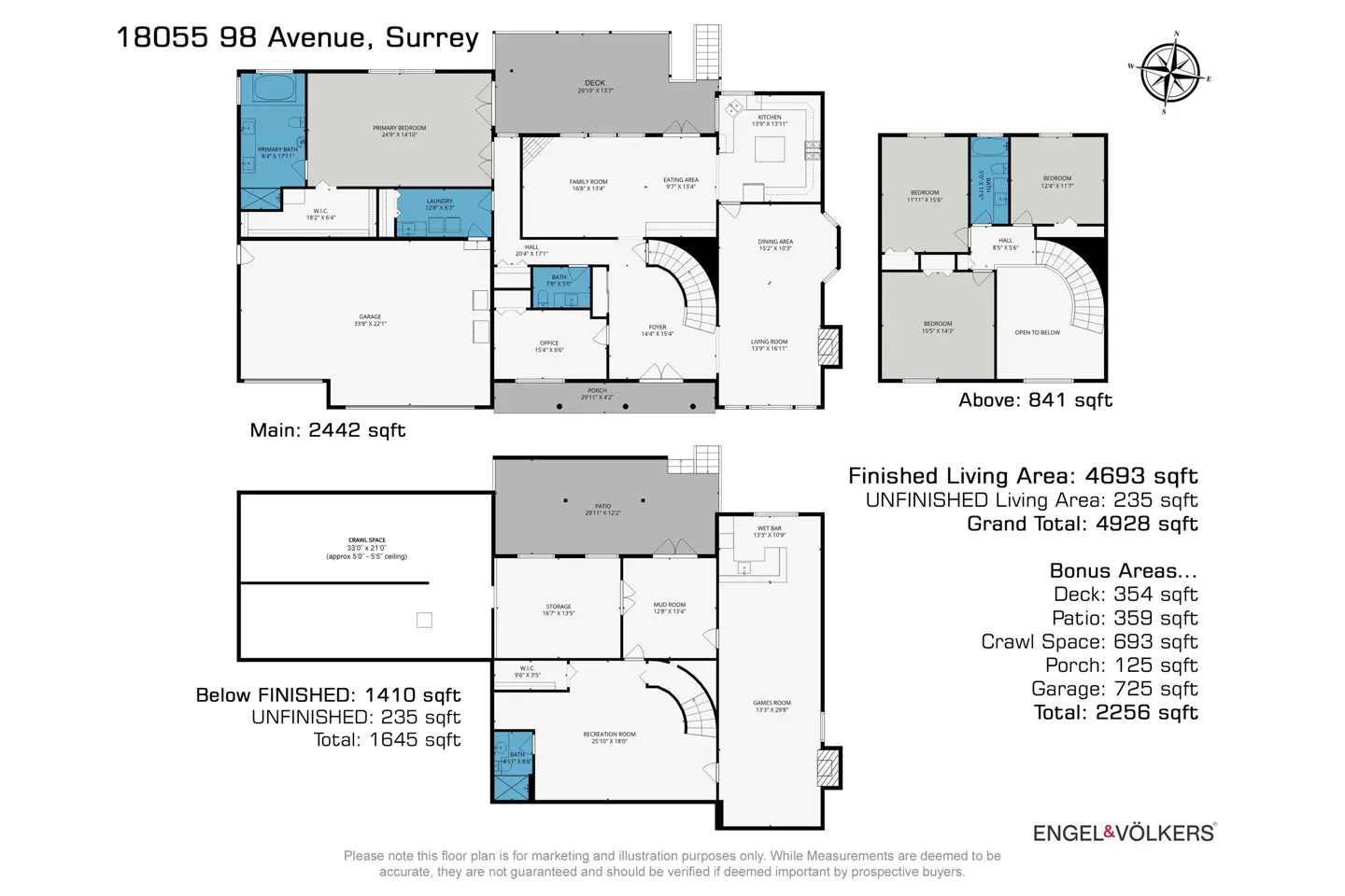 Floor plan for 18055 98 Avenue, Surrey, showing main, upper, and lower levels with room dimensions and total square footage.