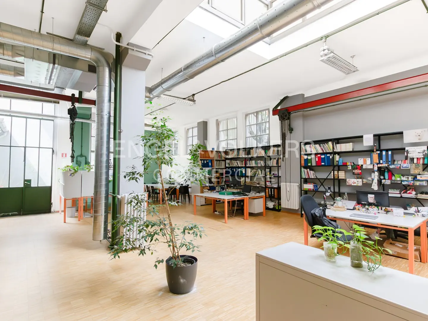 Bright, open office space with wood floors, orange desks, bookshelves, and large windows. Plants add a touch of nature.