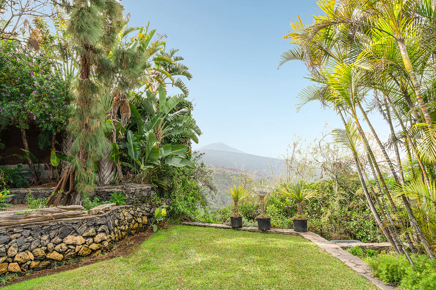 Lush green lawn with tropical plants, stone wall, and mountain view under a clear blue sky.