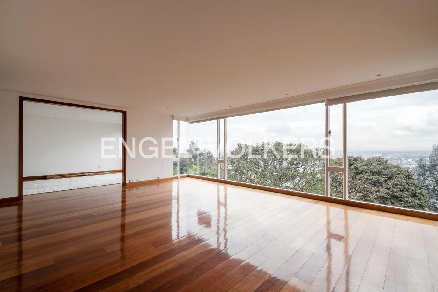 Bright, empty room with hardwood floors and large windows overlooking trees and a cityscape. A large mirror is on the left wall.