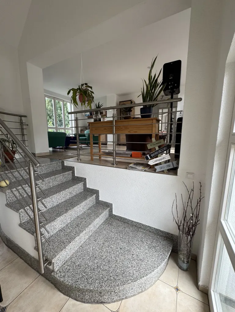 Interior view of a home featuring granite stairs with stainless steel railings leading to an open living area with plants and furniture.