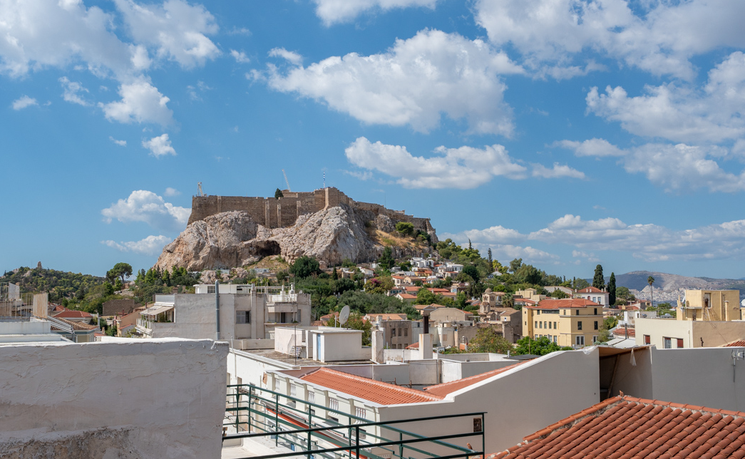 Neoclassical building in Plaka with Acropolis views